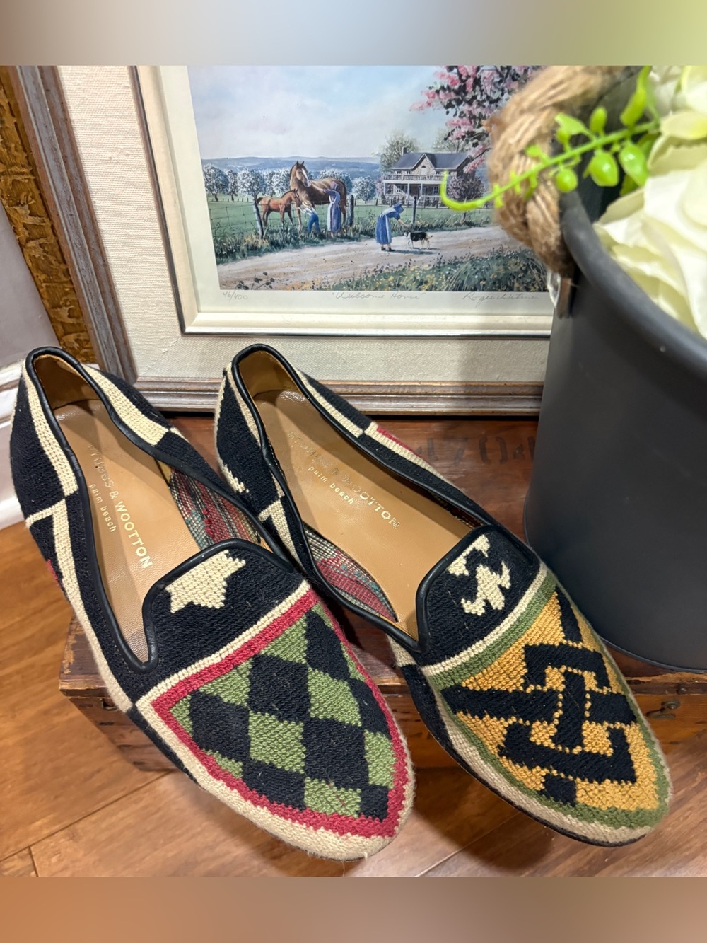 Vintage Stubbs & Wooten Needlepoint Loafer Crest Royalty Series Black MultiColor